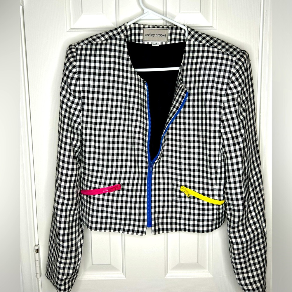 Vintage Ashley Brook Women Sz 14 Plaid checkered Zip Blazer‎ Cropped Jack…